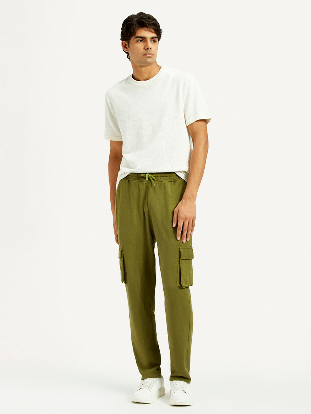 Men's Olive Green Relaxed Fit Cargo Trousers - Styleshot View