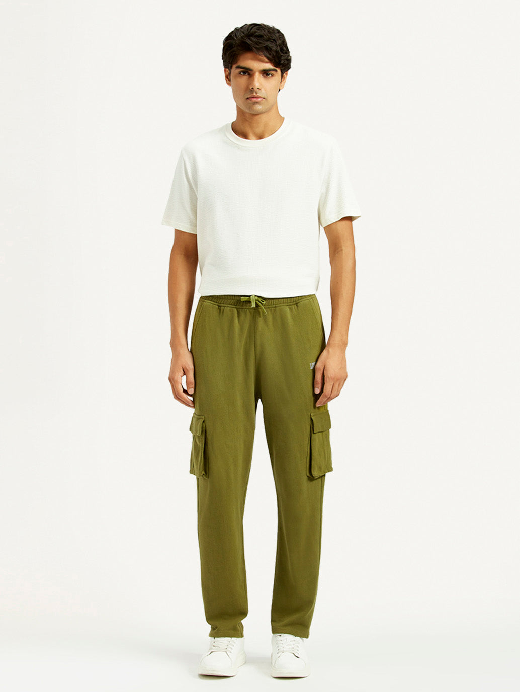 Men's Olive Green Relaxed Fit Cargo Trousers - Front View