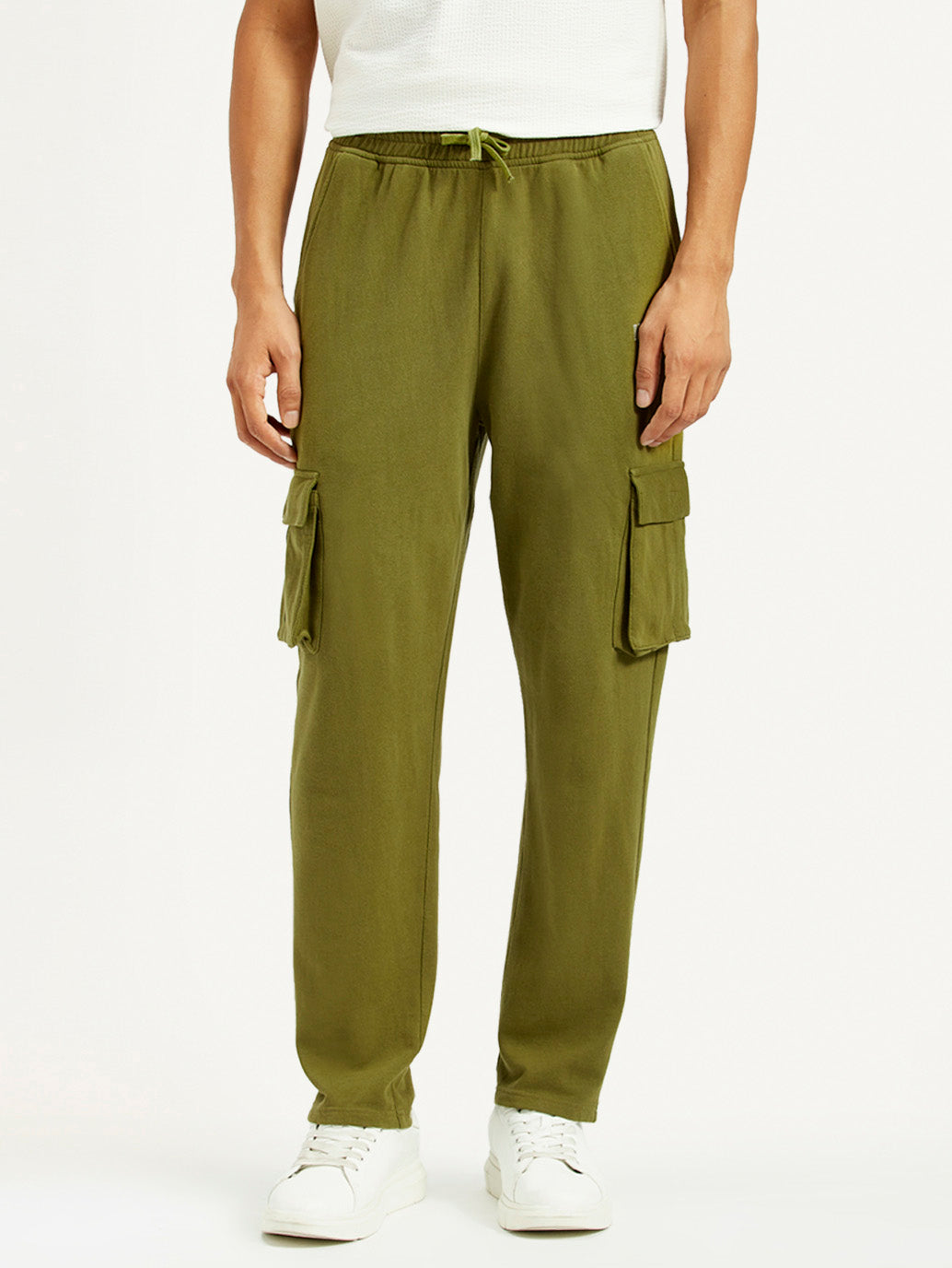 Men's Olive Green Relaxed Fit Cargo Trousers - Front View