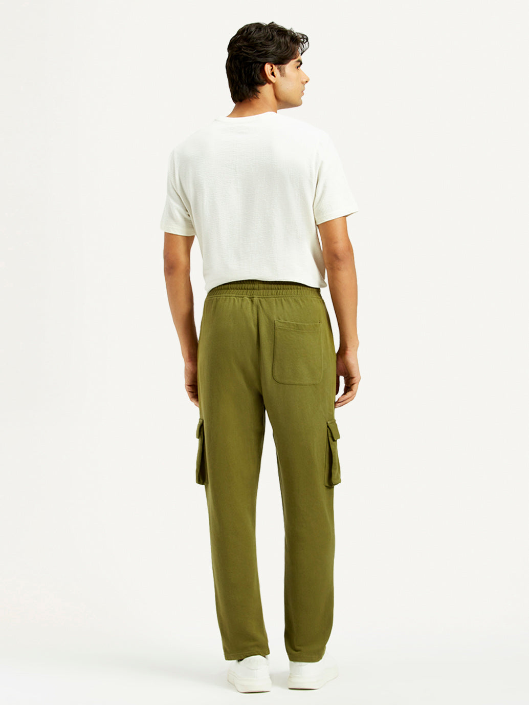 Men's Olive Green Relaxed Fit Cargo Trousers - Back View