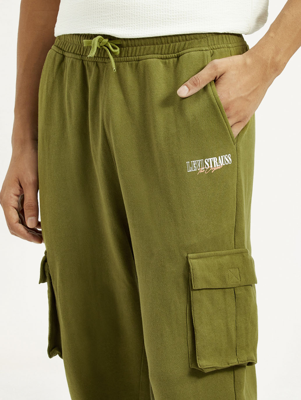 Men's Olive Green Relaxed Fit Cargo Trousers - Detail View
