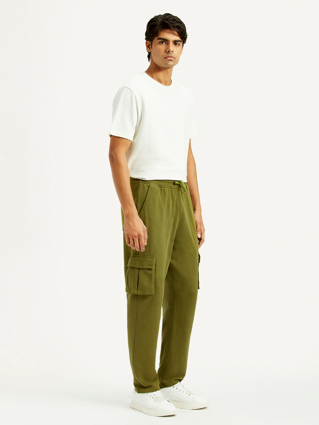 Men's Olive Green Relaxed Fit Cargo Trousers - Side View