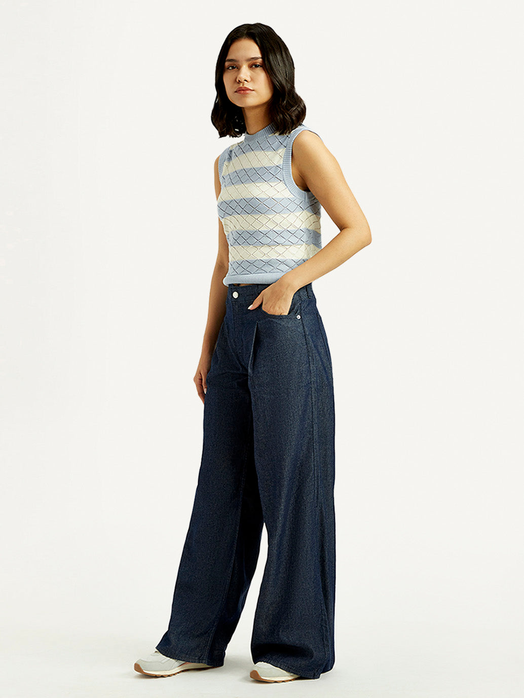 Women's Dark Indigo Baggy Fit High Rise Jeans - Side View