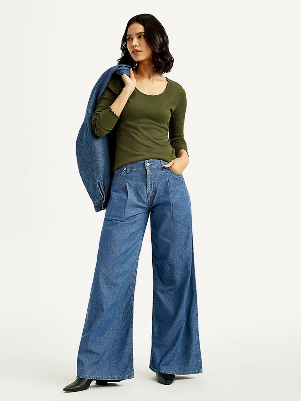 Women's Mid Indigo Baggy Fit High Rise Jeans