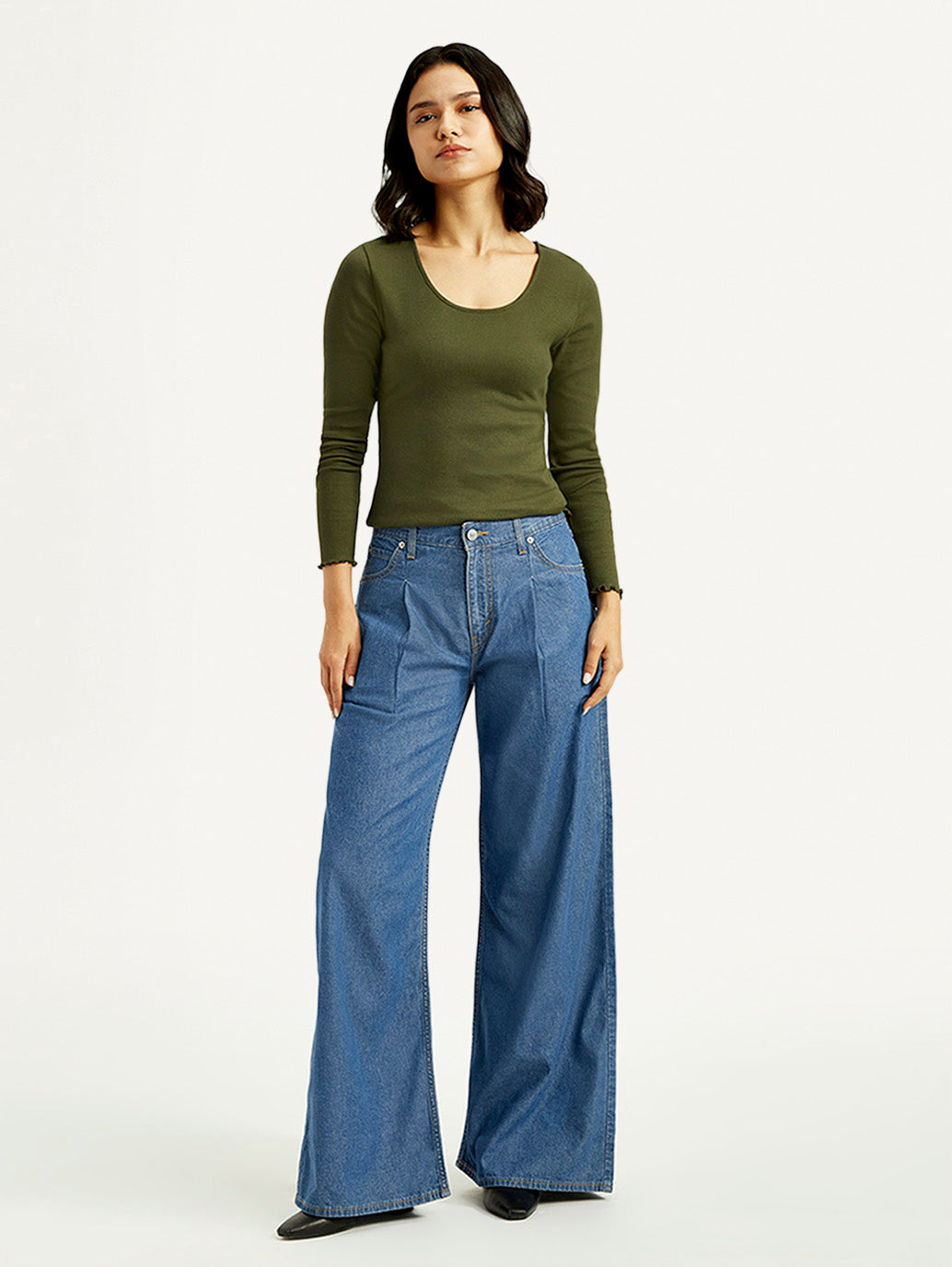 Women's Mid Indigo Baggy Fit High Rise Jeans - Front View
