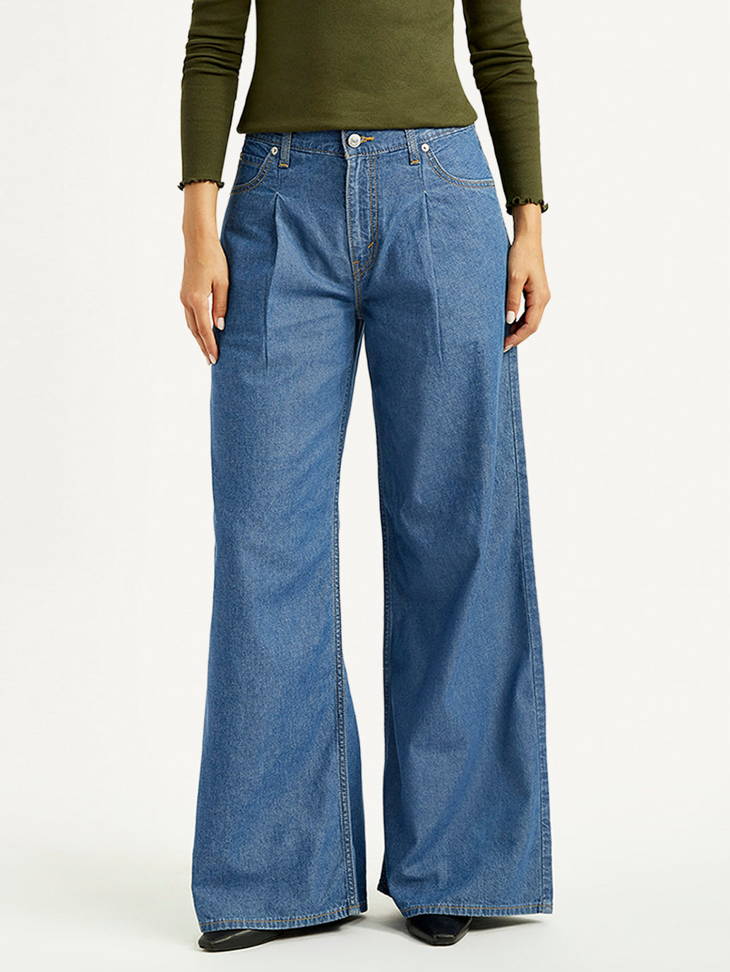 Women's Mid Indigo Baggy Fit High Rise Jeans - Front View