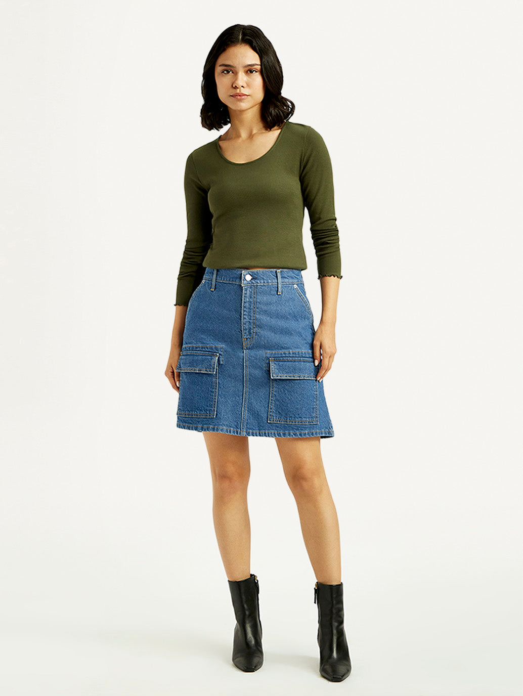 Women's Blue Straight Fit Mid Rise Denim Skirt - Front View