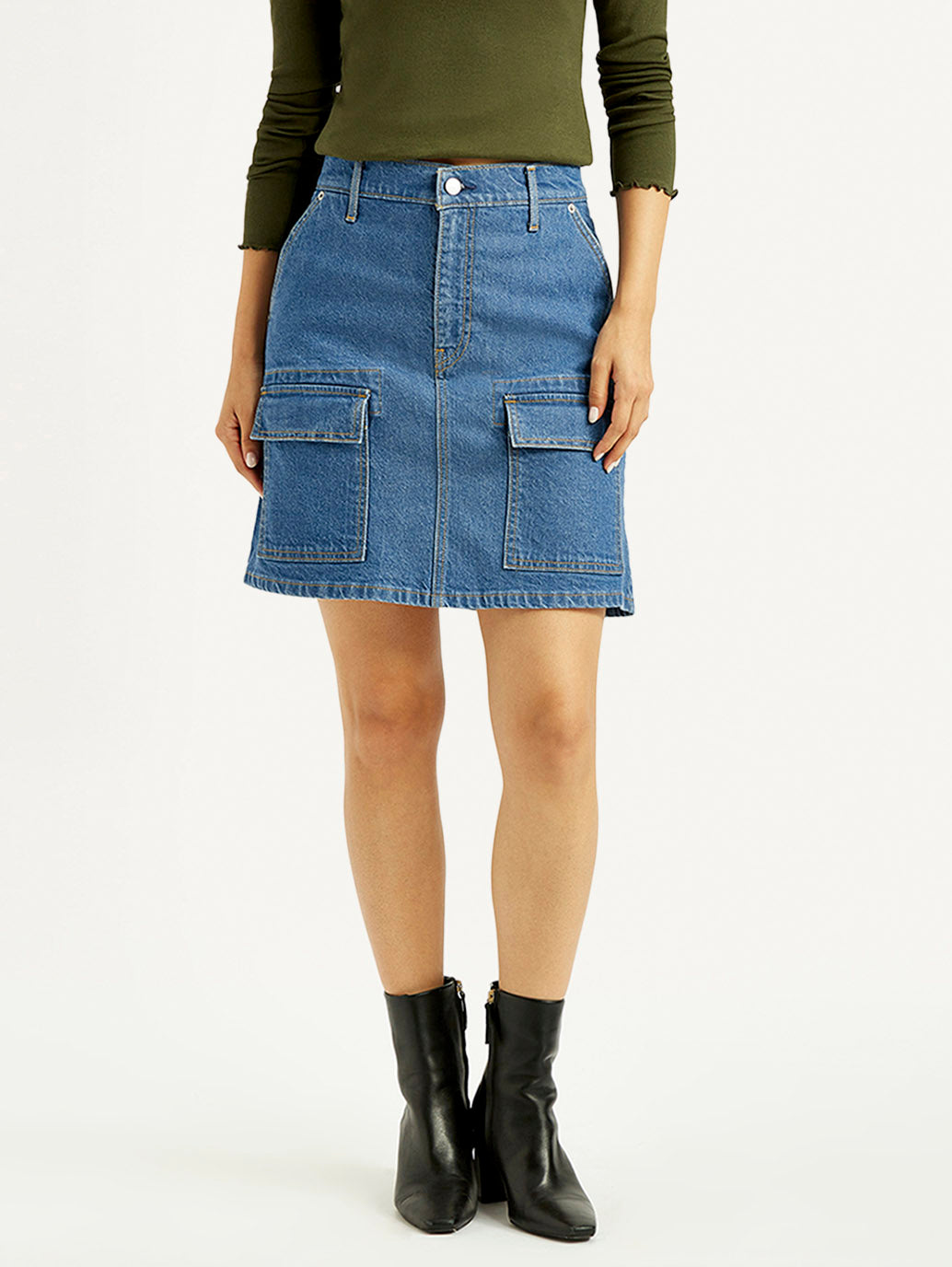 Women's Blue Straight Fit Mid Rise Denim Skirt - Front View