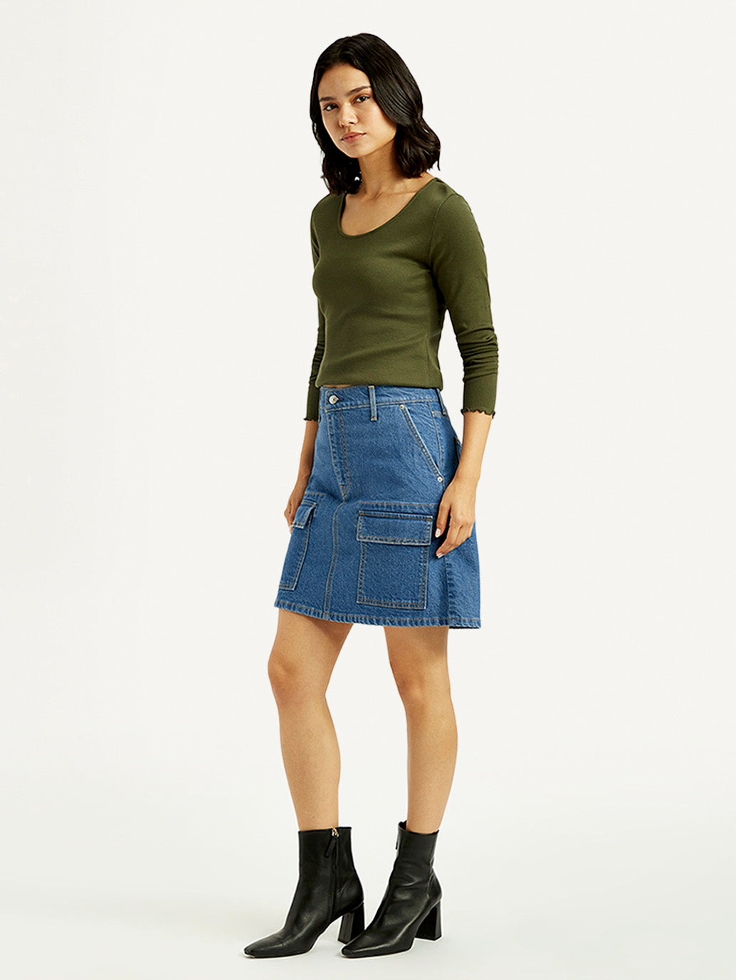 Women's Blue Straight Fit Mid Rise Denim Skirt - Side View