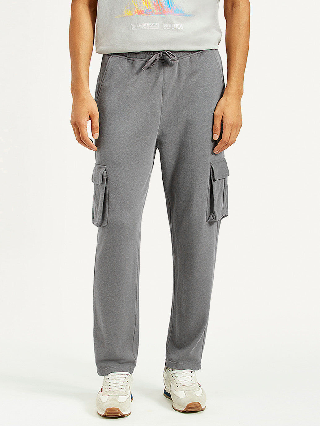 Men's Grey Relaxed Fit Cargo Trousers - Front View