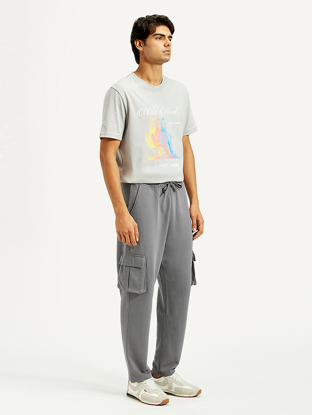 Men's Grey Relaxed Fit Cargo Trousers - Side View