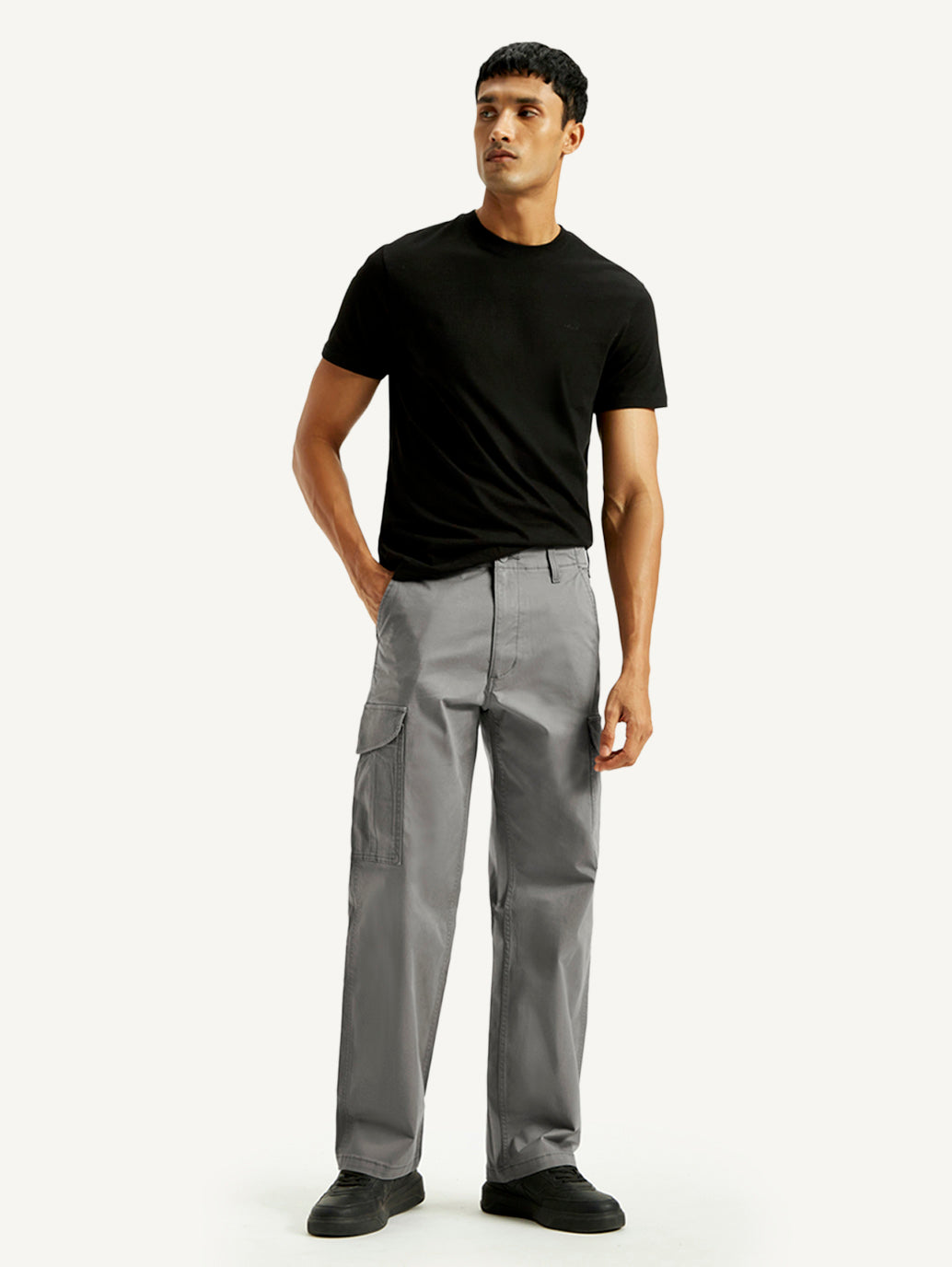 Men's Grey Baggy Fit Mid Rise Cargo Trousers - Styleshot View