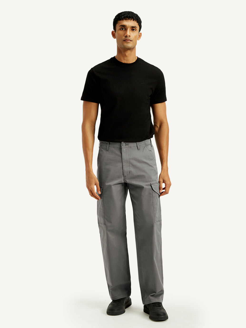 Men's Grey Baggy Fit Mid Rise Cargo Trousers - Front View
