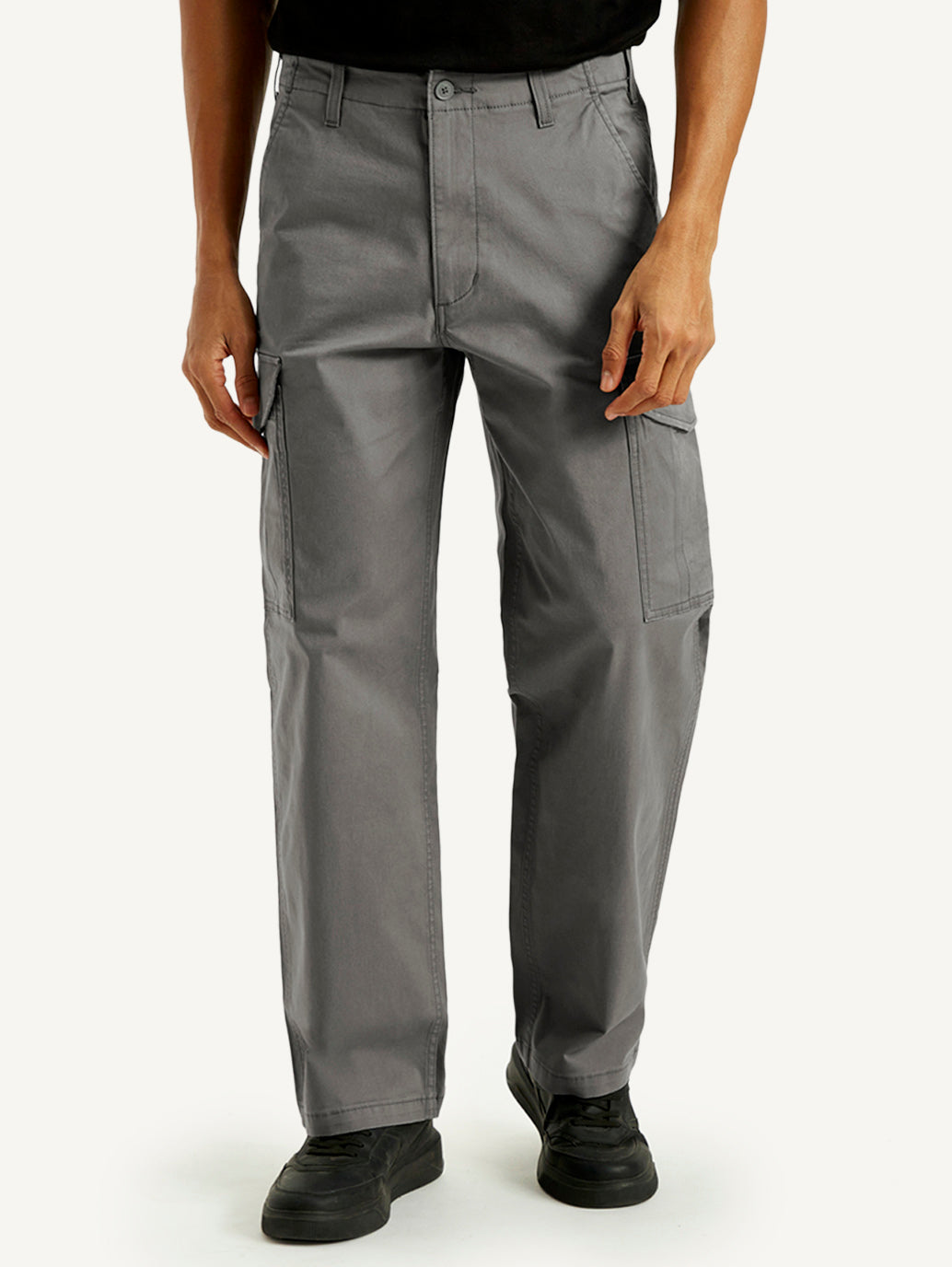 Men's Grey Baggy Fit Mid Rise Cargo Trousers - Front View