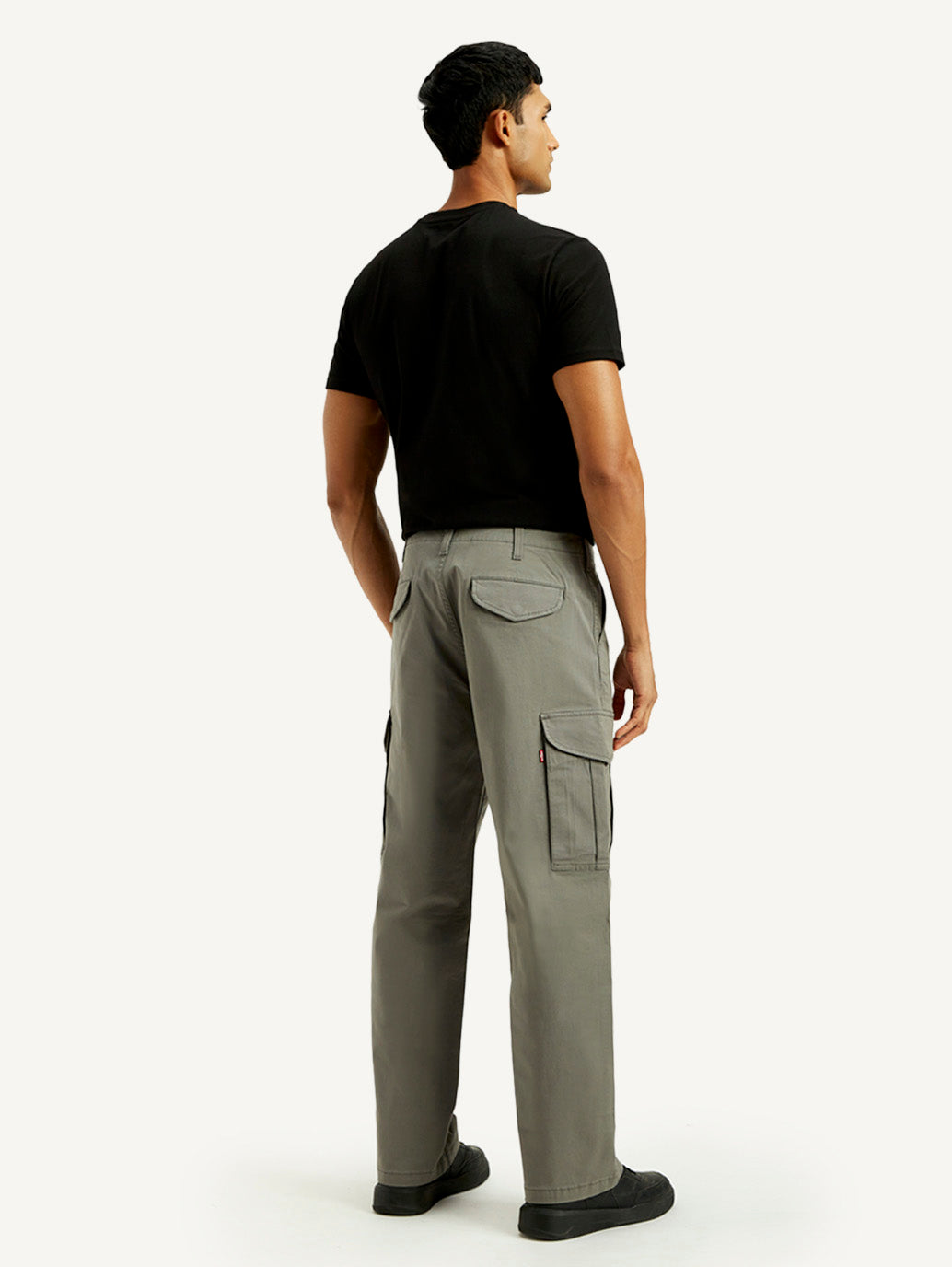 Men's Grey Baggy Fit Mid Rise Cargo Trousers - Back View