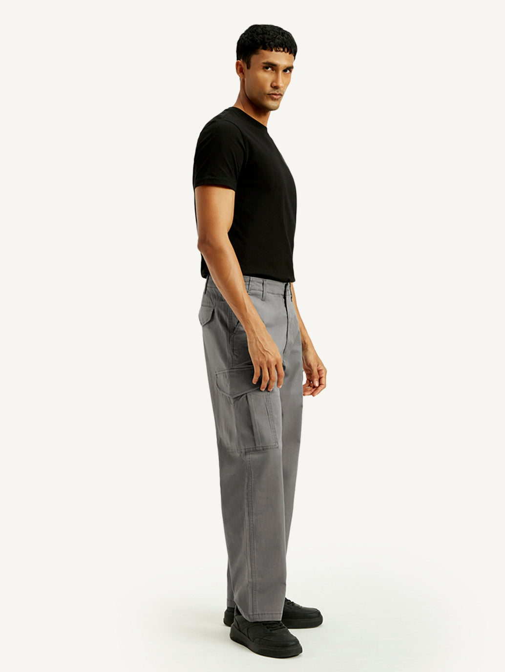 Men's Grey Baggy Fit Mid Rise Cargo Trousers - Side View