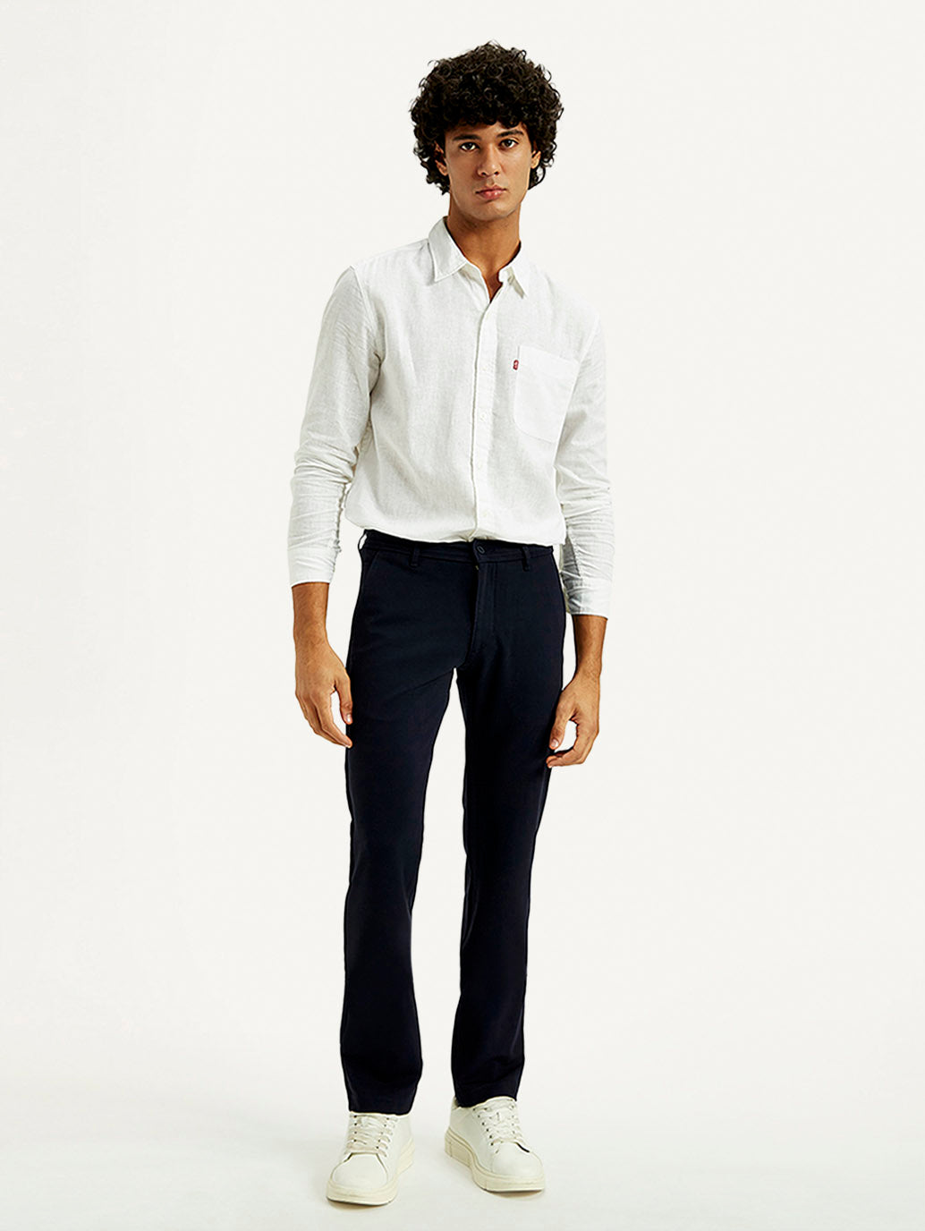 Men's Navy Blue Baggy Fit Mid Rise Chinos - Front View