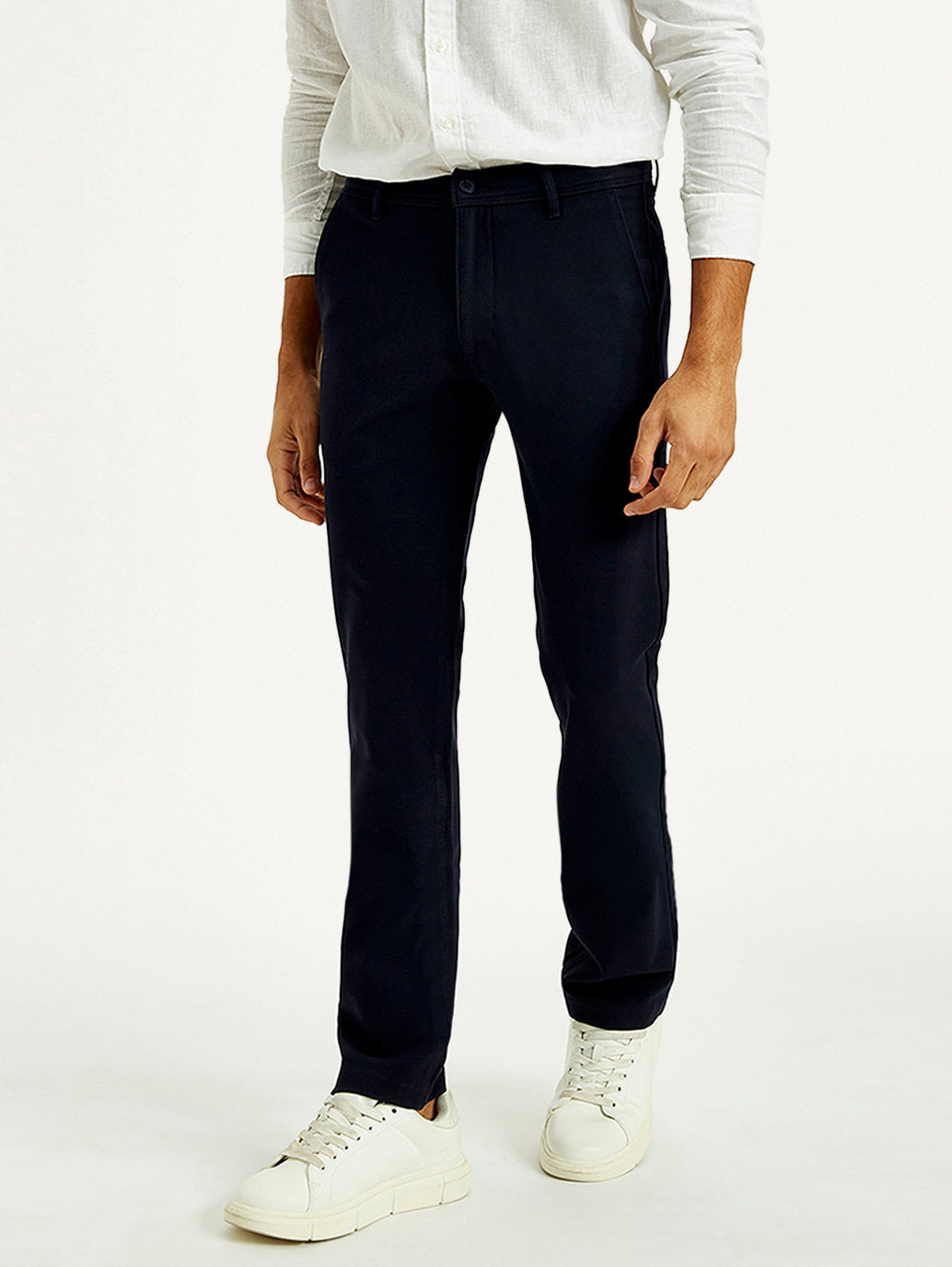 Men's Navy Blue Baggy Fit Mid Rise Chinos - Front View