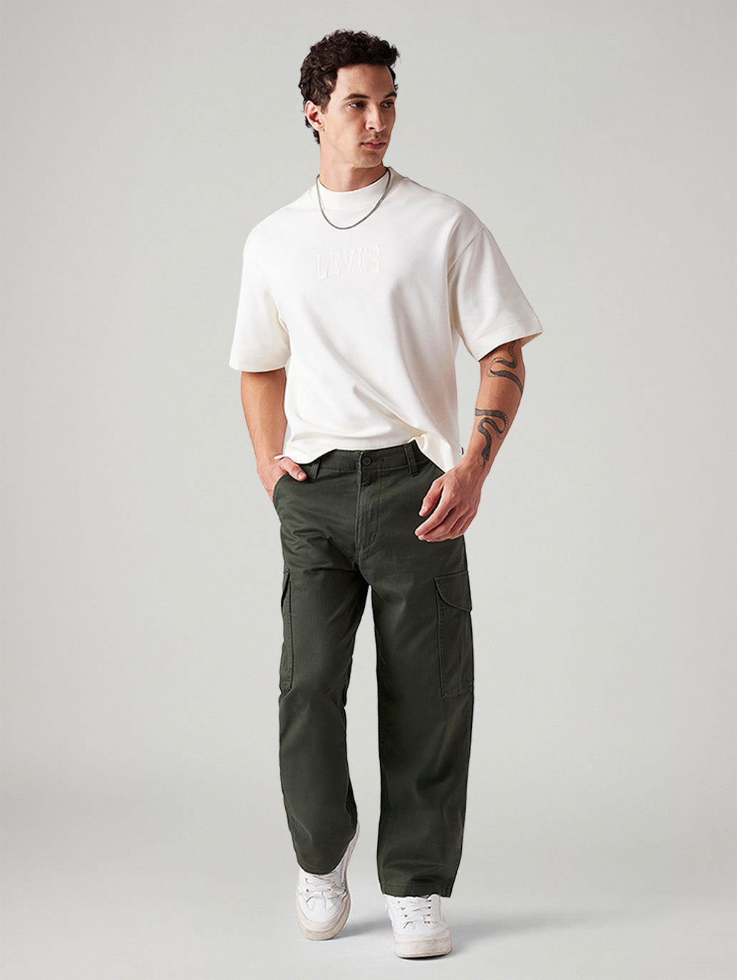 Men's Olive Baggy Fit Mid Rise Cargos - Styleshot View