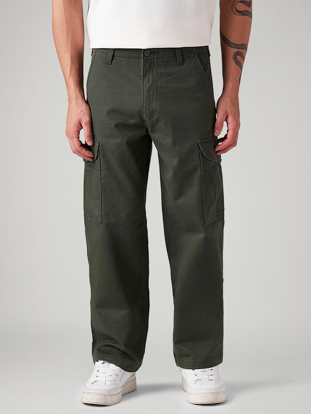 Men's Olive Baggy Fit Mid Rise Cargos - Front View