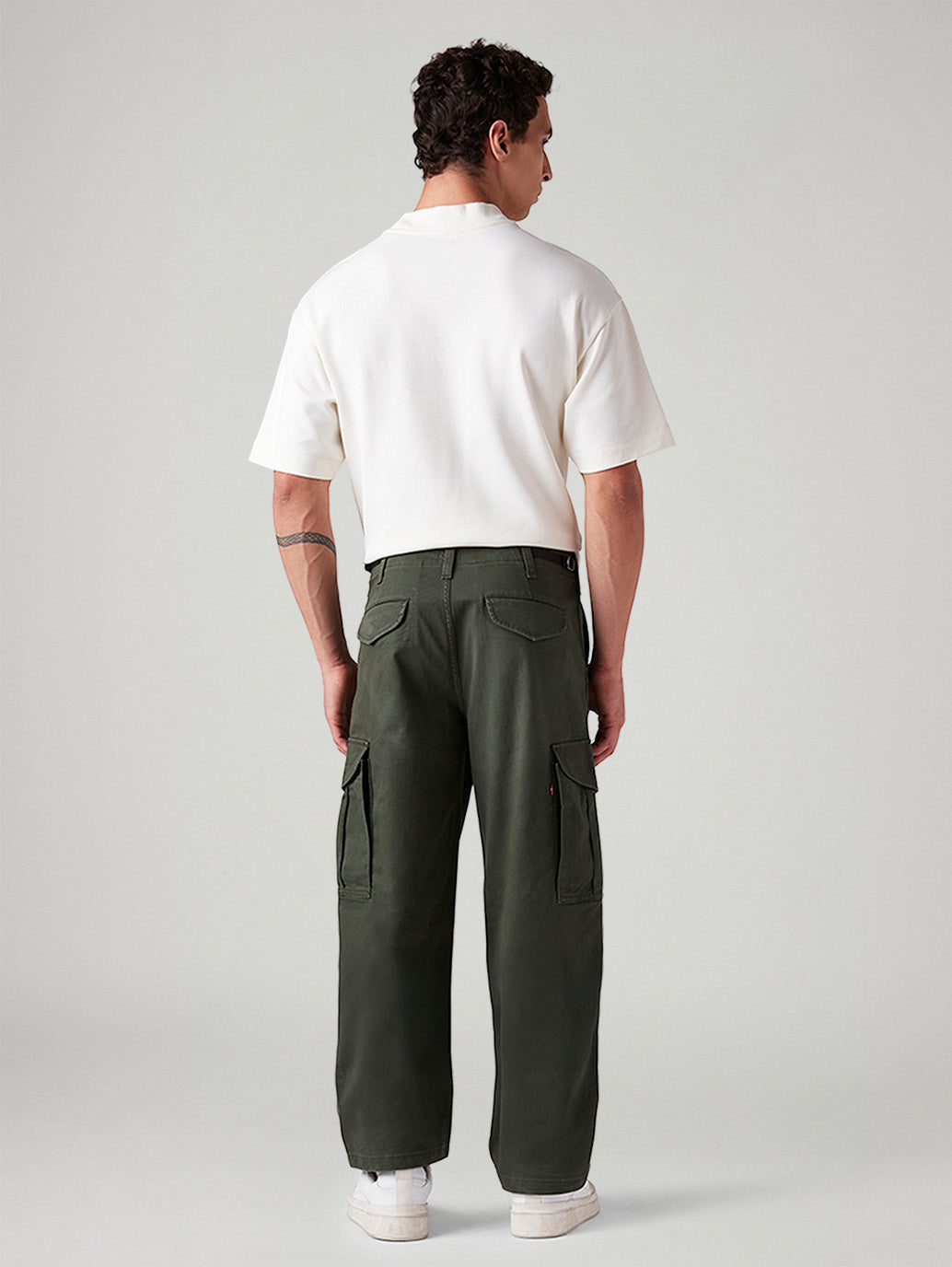 Men's Olive Baggy Fit Mid Rise Cargos - Back View