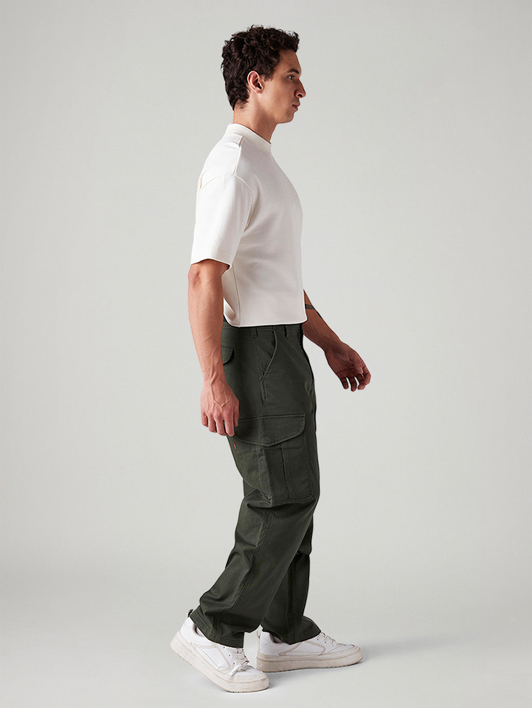 Men's Olive Baggy Fit Mid Rise Cargos - Side View