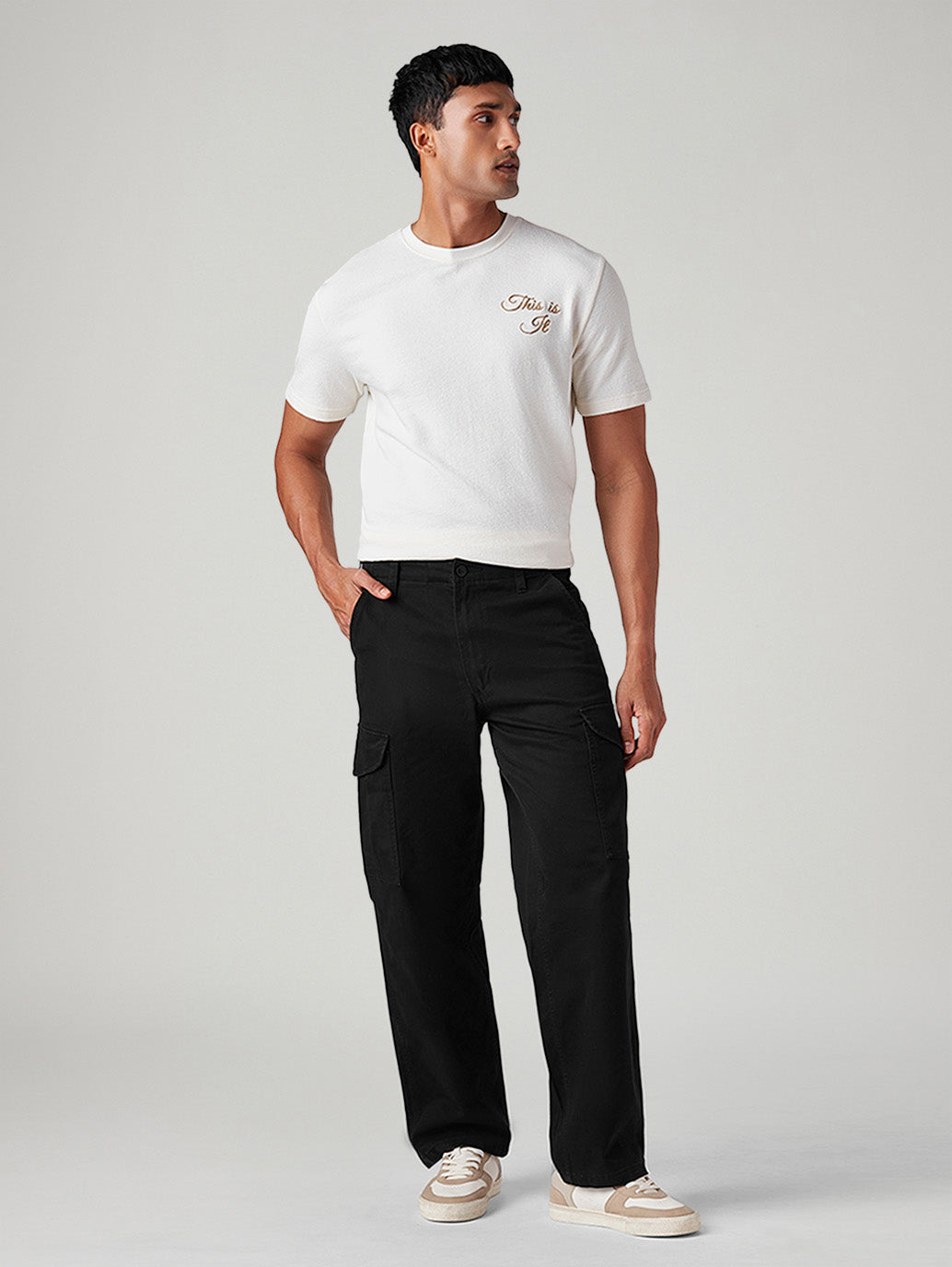 Men's Black Baggy Fit Mid Rise Cargos - Front View