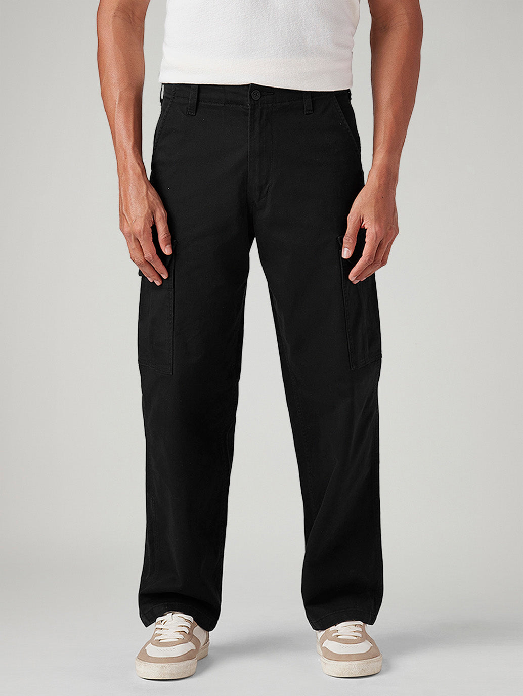 Men's Black Baggy Fit Mid Rise Cargos - Front View