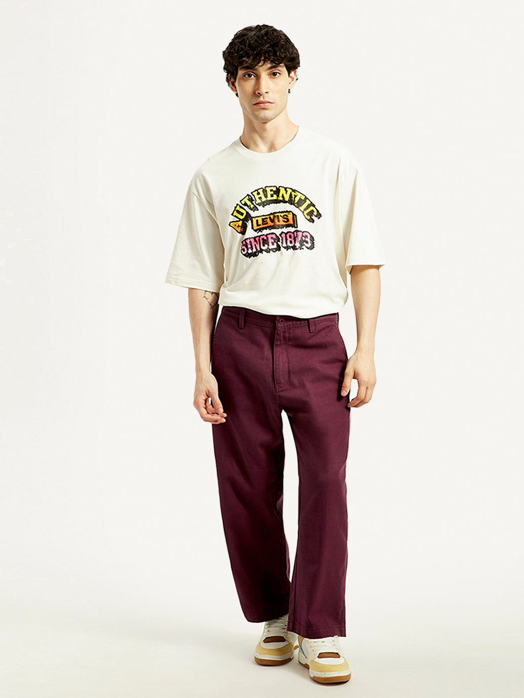 Men's Maroon Loose Fit Mid Rise Chinos - Front View