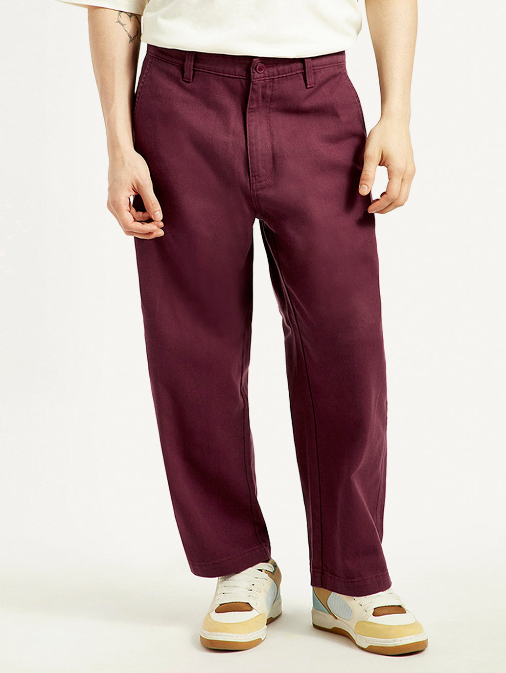 Men's Maroon Loose Fit Mid Rise Chinos - Front View