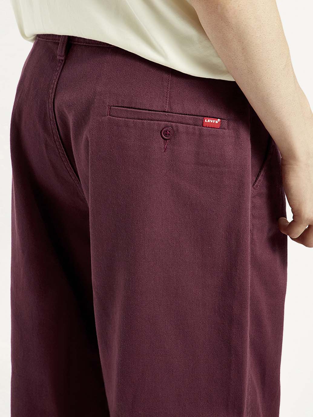 Men's Maroon Loose Fit Mid Rise Chinos - Detail View