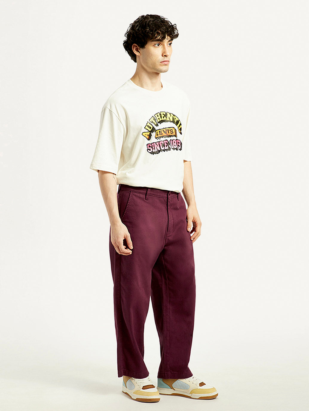 Men's Maroon Loose Fit Mid Rise Chinos - Side View