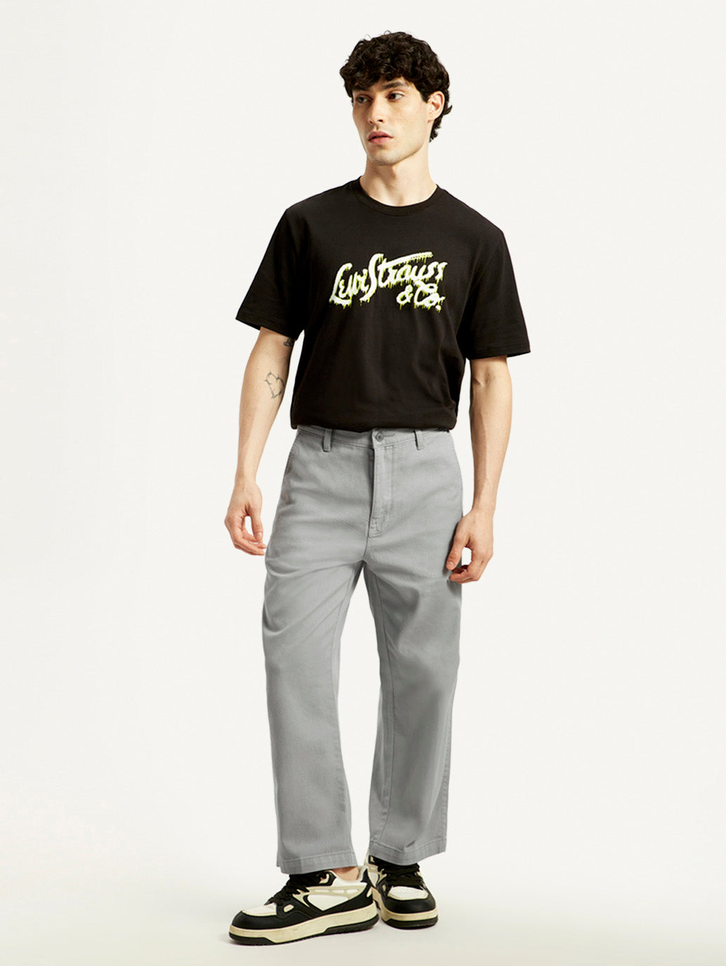 Men's Grey Loose Fit Mid Rise Chinos - Front View