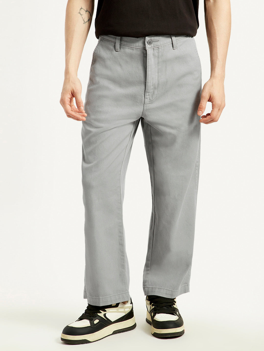 Men's Grey Loose Fit Mid Rise Chinos - Front View