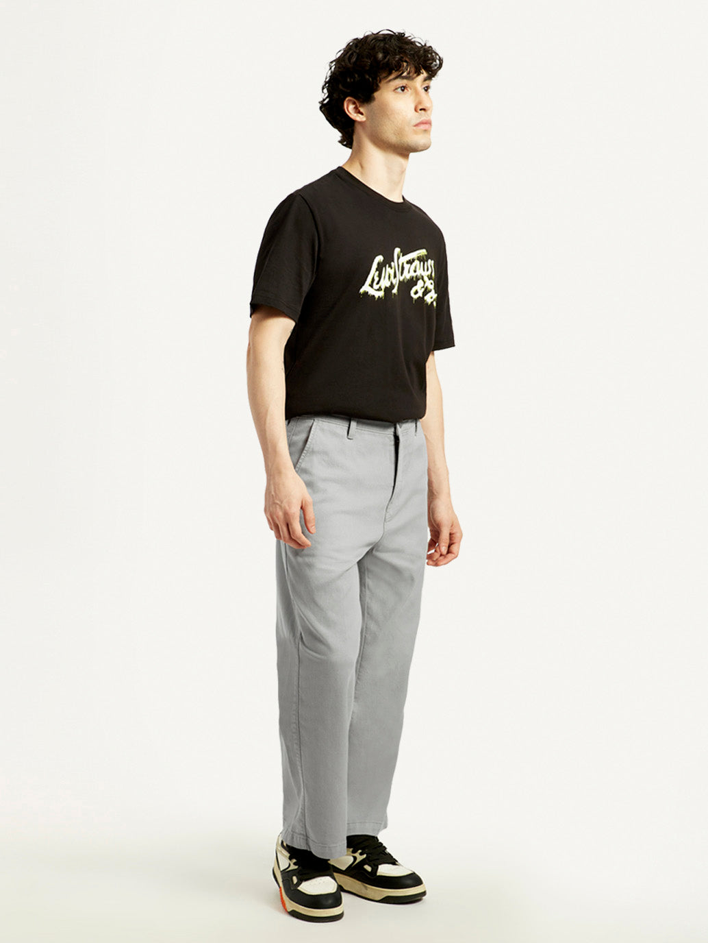 Men's Grey Loose Fit Mid Rise Chinos - Side View