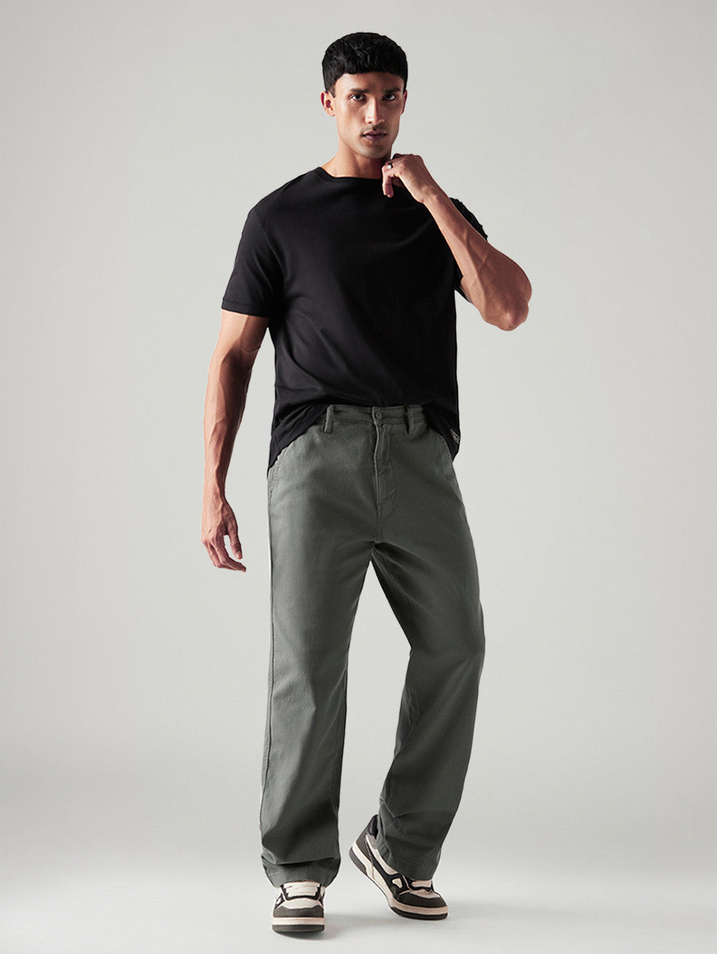 Men's Grey Loose Fit Mid Rise Chinos - Styleshot View