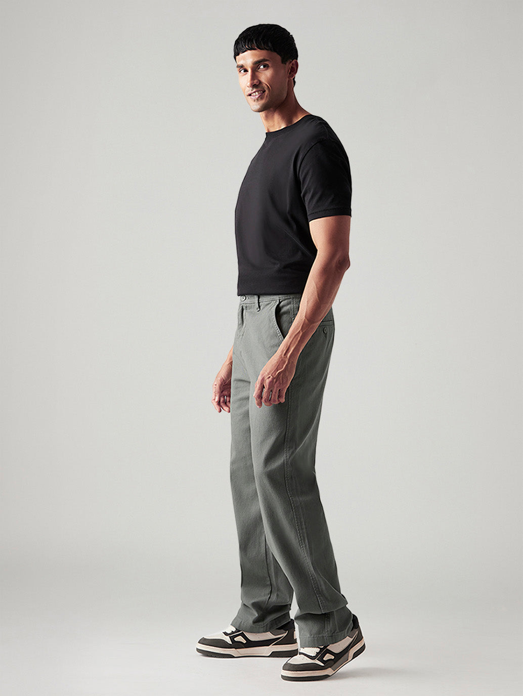 Men's Grey Loose Fit Mid Rise Chinos - Side View