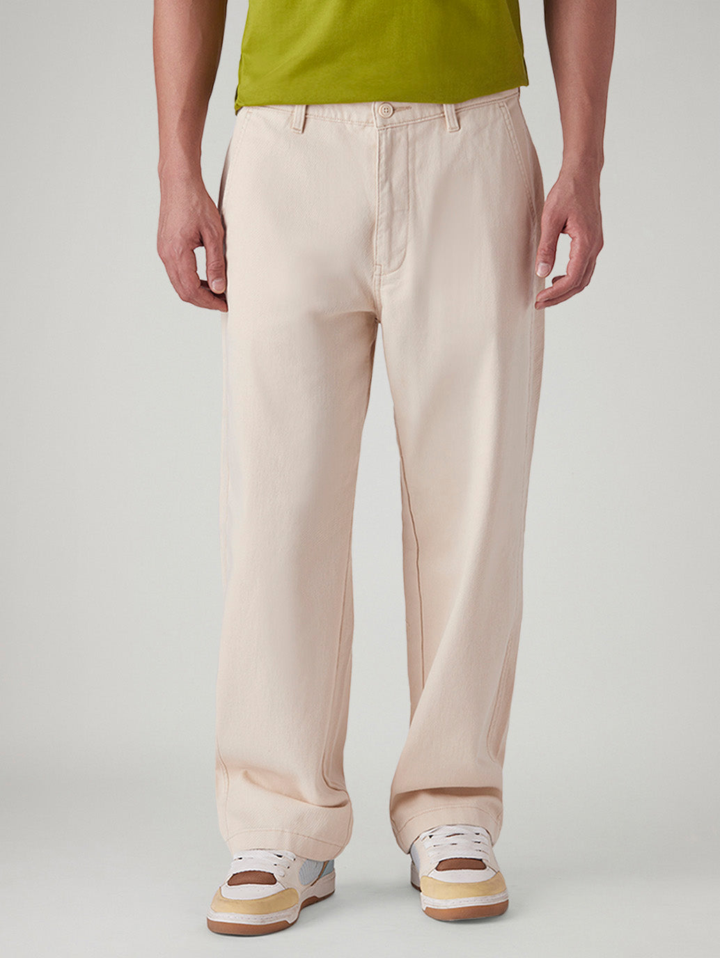 Men's Off White Loose Fit Mid Rise Chinos - Front View