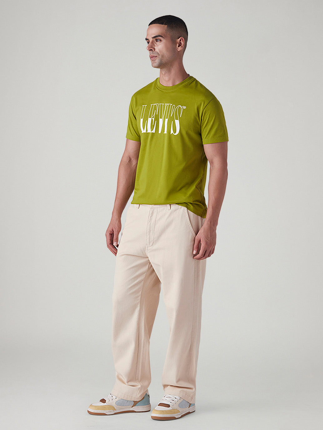 Men's Off White Loose Fit Mid Rise Chinos - Side View