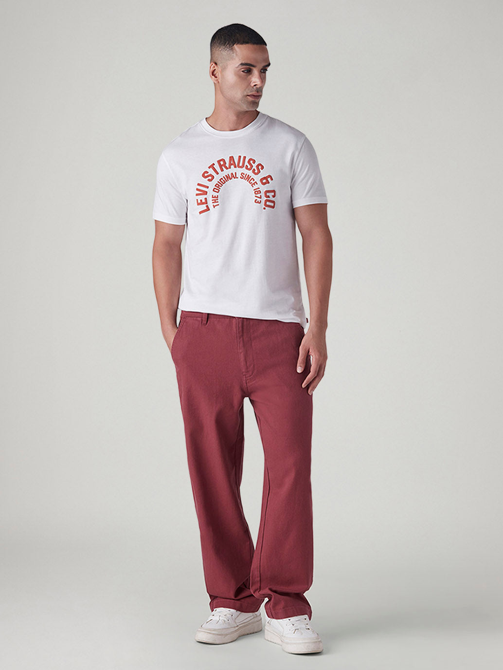 Men's Maroon Loose Fit Mid Rise Chinos - Front View