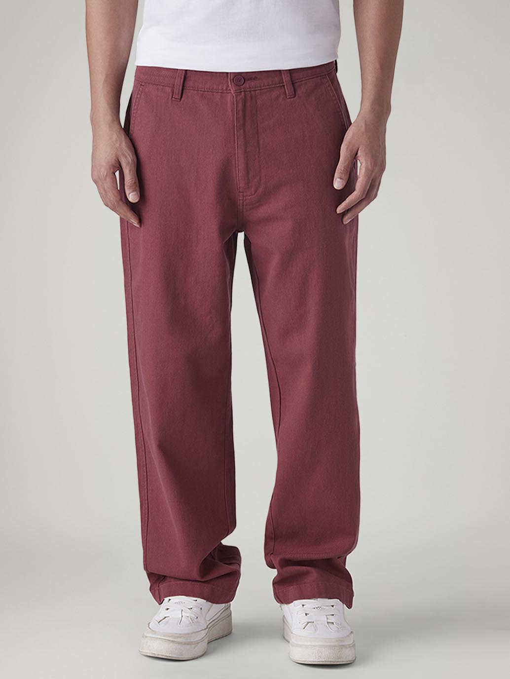 Men's Maroon Loose Fit Mid Rise Chinos - Front View