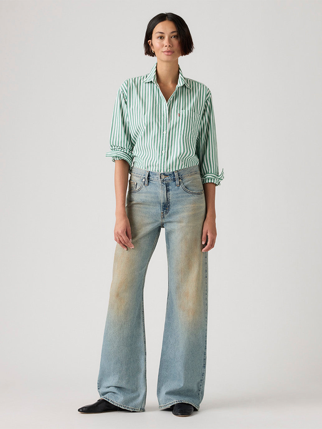 Women's Tinted Med Indigo Loose Bootcut Fit Mid Rise Jeans - Front View