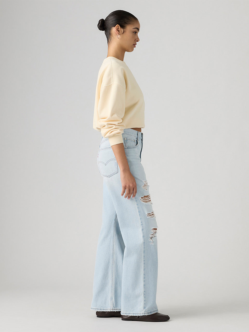 Women's Med Indigo Loose Bootcut Fit Mid Rise Jeans - Side View