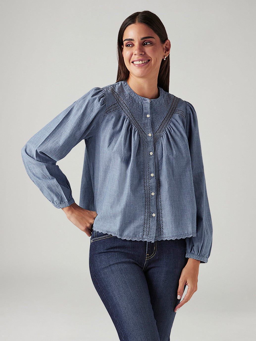 Women's Embroidered Blue Band Neck Top – Levis India Store