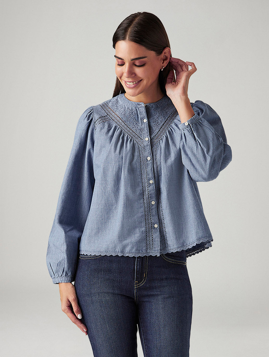 Women's Embroidered Blue Band Neck Top - Front View