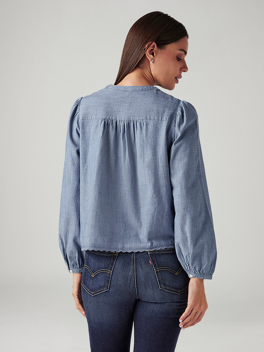 Women's Embroidered Blue Band Neck Top - Back View