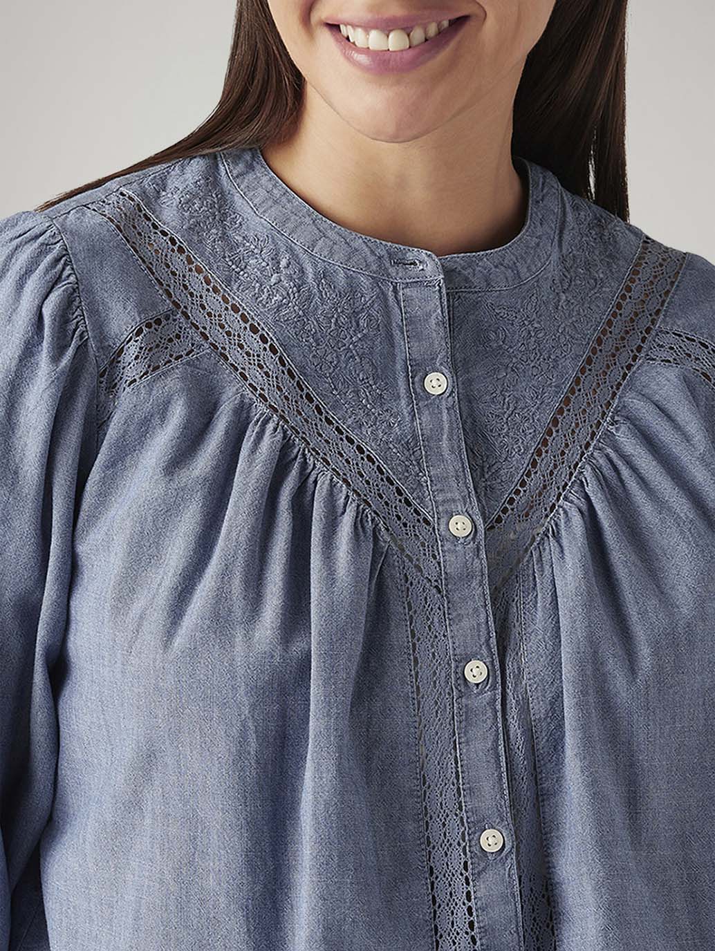 Women's Embroidered Blue Band Neck Top - Detail View