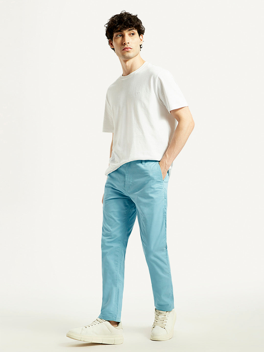Men's Turquoise Tapered Fit Mid Rise Chinos - Styleshot View