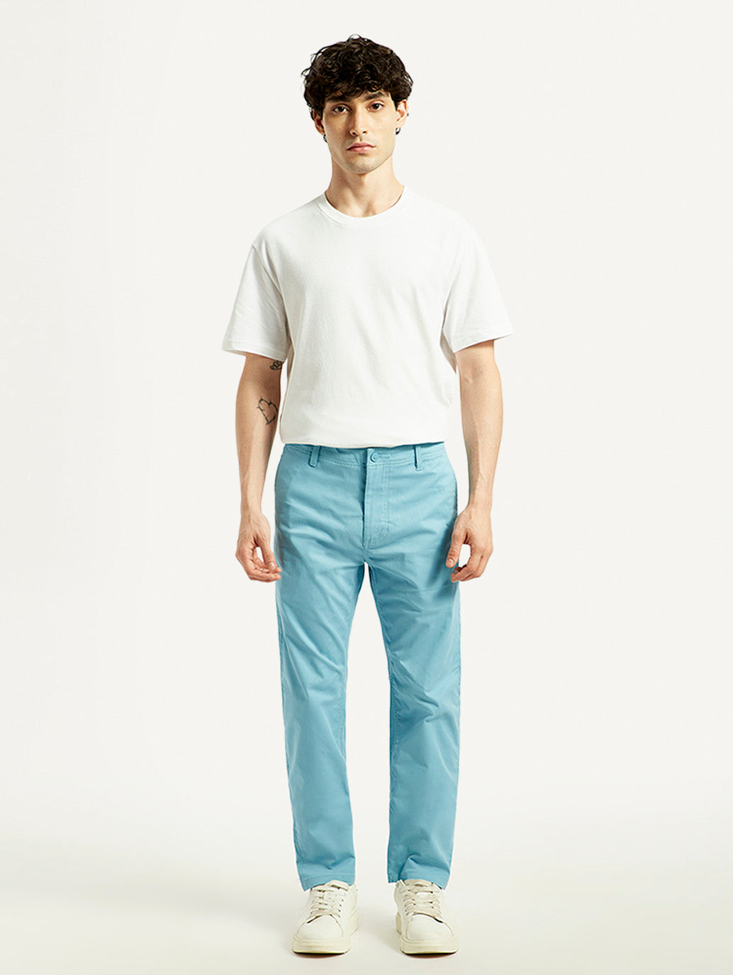 Men's Turquoise Tapered Fit Mid Rise Chinos - Front View