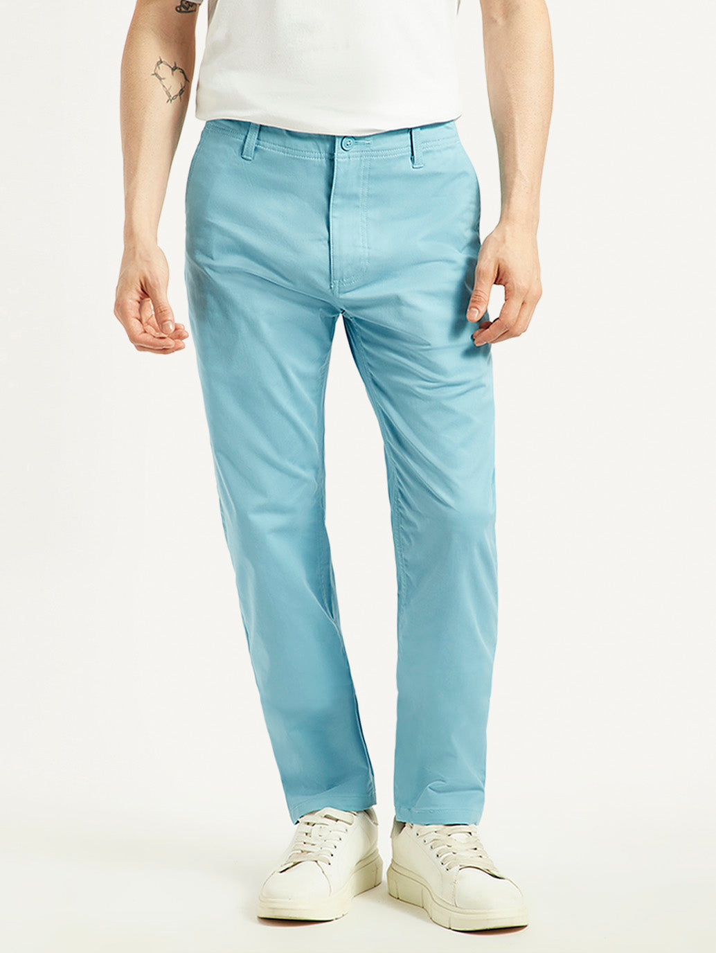 Men's Turquoise Tapered Fit Mid Rise Chinos - Front View